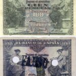 Billete legal de 1906, y uno falso. El segundo ha sido inutilizado y ha perdido parte del color, porque eran casi iguales, y lo &uacute;nico que cambiaba era el reverso que cuentan deb&iacute;a ser algo m&aacute;s oscuro. (El segundo billete tomado del libro Huarte, 2011).